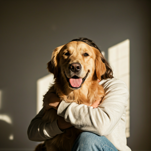 A person cuddling a happy golden retriever in a sunlit room